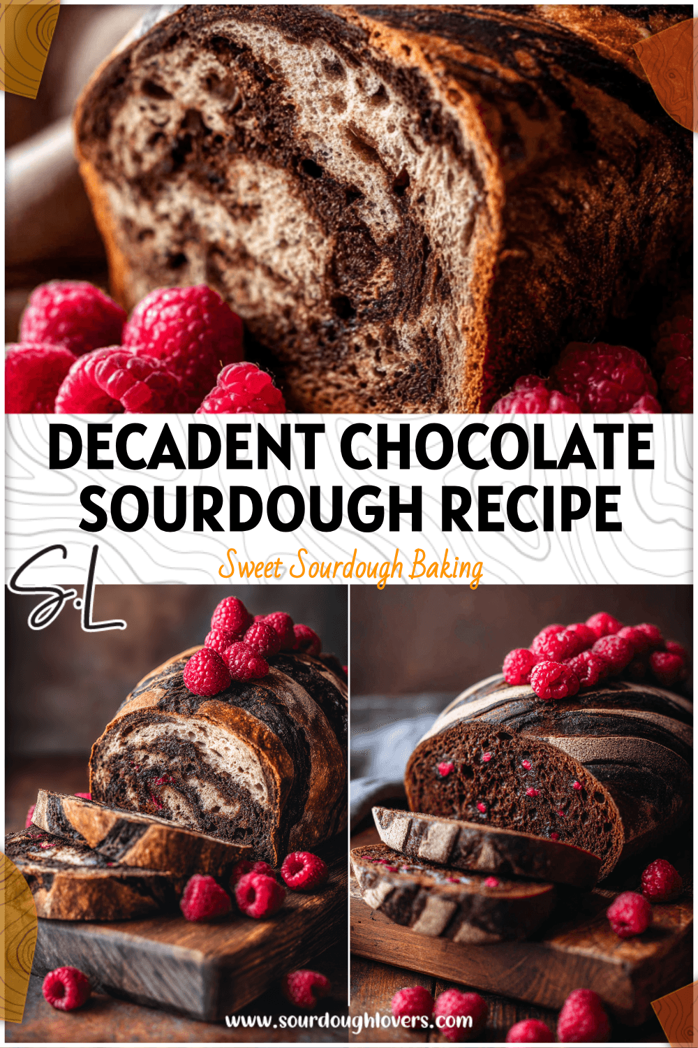 Rustic artisan sourdough bread loaf with chocolate swirls and fresh raspberries on a wooden board. 26